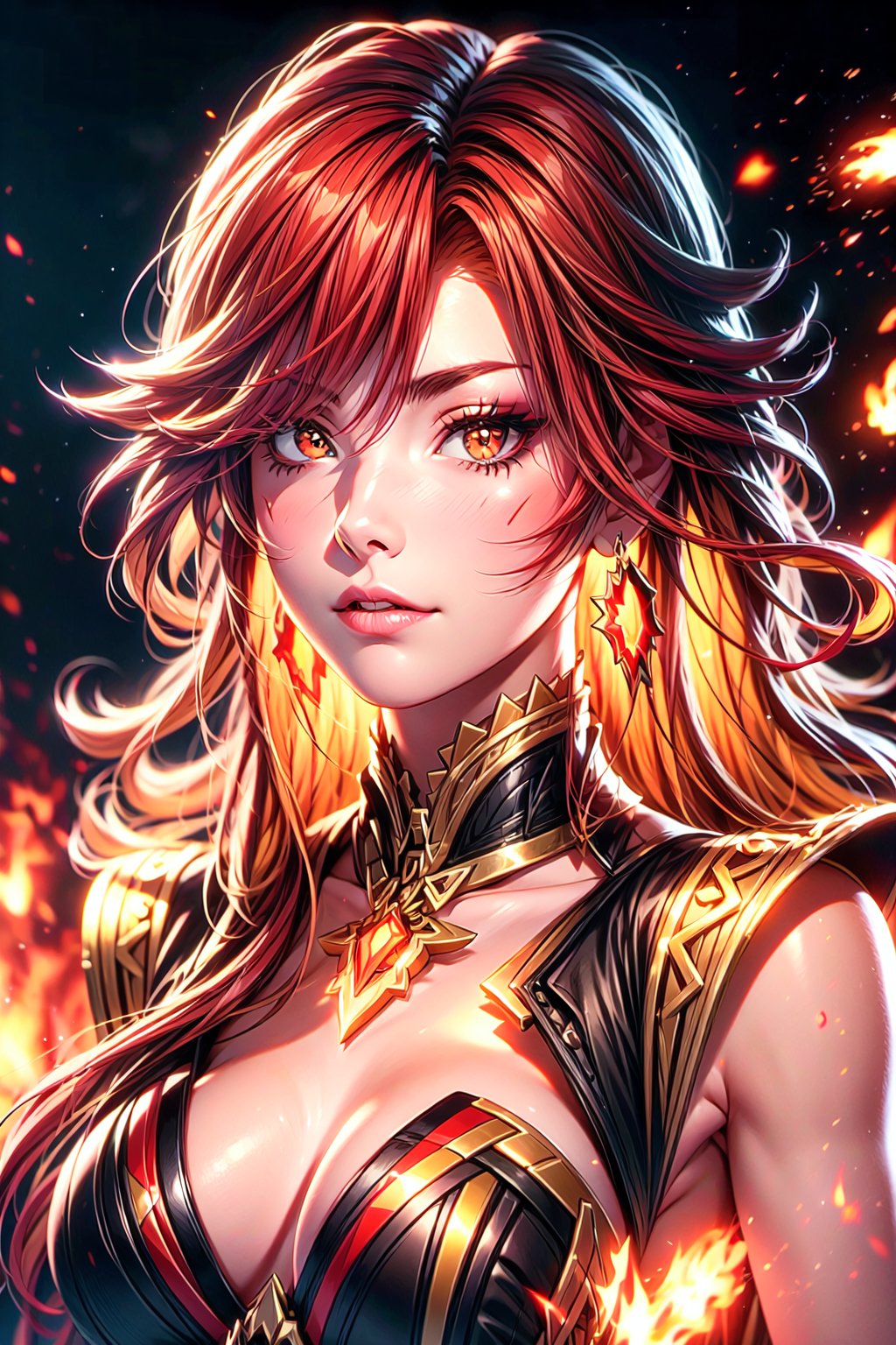 medium full shot, a woman, focus face, red hair, fire particles in the air,  long hair