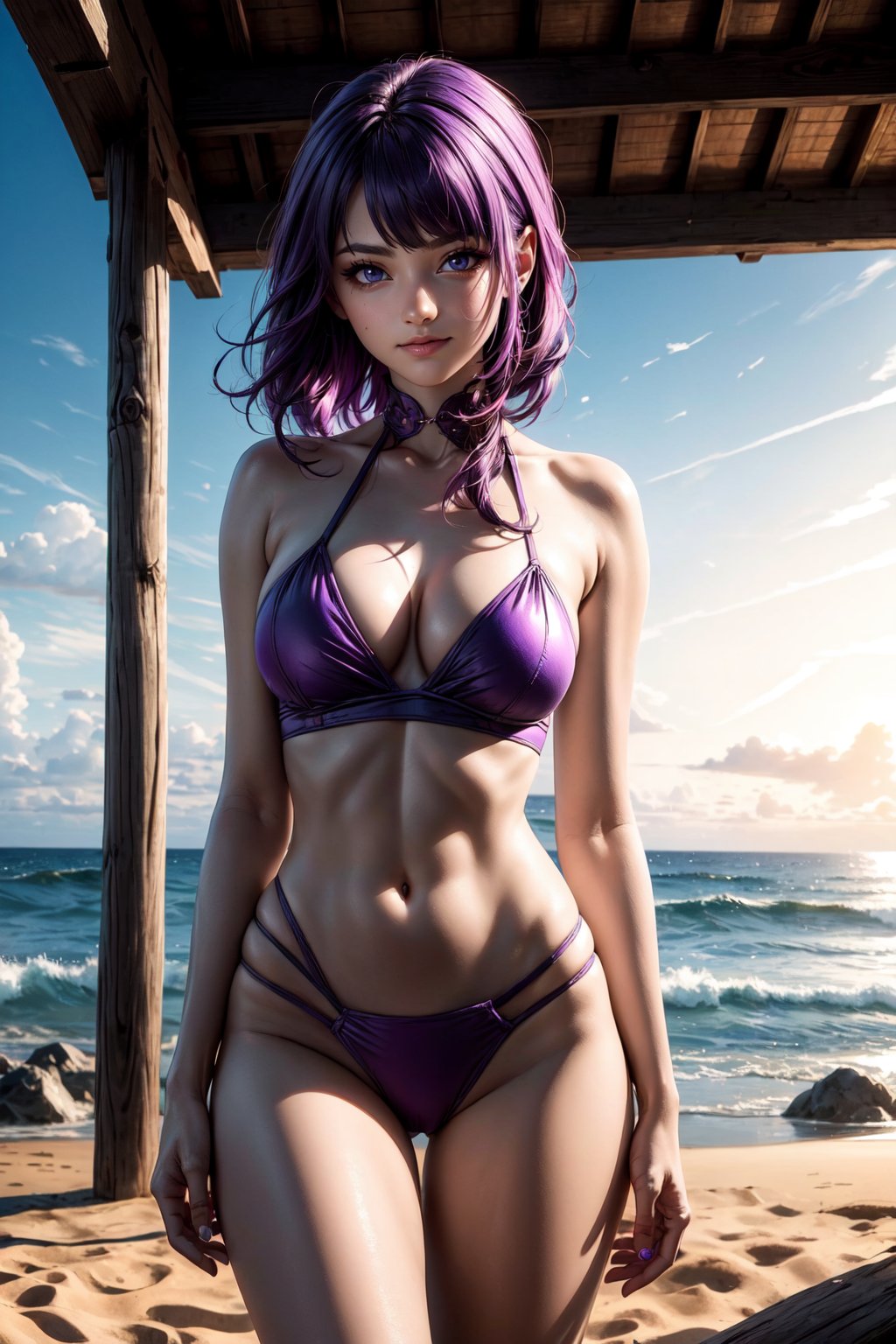 (alone:1.5)). ((Solo:1.5)), ((MEDIUM FULL SHOT:1.5)),realistic, masterpiece,best quality,High definition, (realistic lighting, sharp focus), volumetric light,high resolution, A 25 years old woman in the beach at the sunset, purple bikini, hourglass body, (( shy smile:1.3)), taned skin,  ((purple hair:1.3)), long braided hair, hair movement,raidenshogundef, sexy pose, huge breats