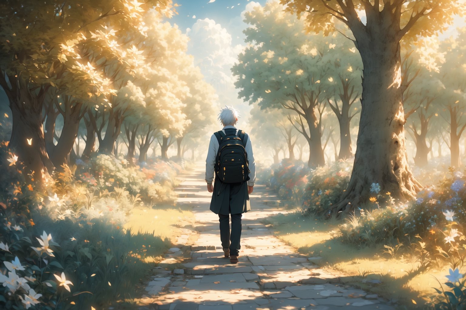  Alone, solo, realistic, masterpiece,best quality,High definition, (realistic lighting, sharp focus), high resolution, volumetric light,, From behind, A man walking alone in a green valley, A day of spring
, Light theme, White hair ,falling leaves, dim light, flowers, beauty day, cloudy sky, traveler backpack, tree leaves in the air

