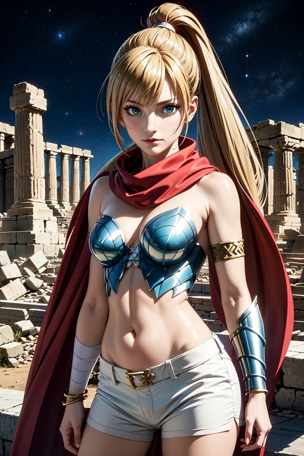 masterpiece, best quality, high quality details, 1girl, solo, armor, long hair, blonder hair, ponytail, green eyes, red scarf, belly button, bandages, white shorts,choker, bracelet, greek ruins, looking at viewer, starry sky, breats, hair movement soft smile