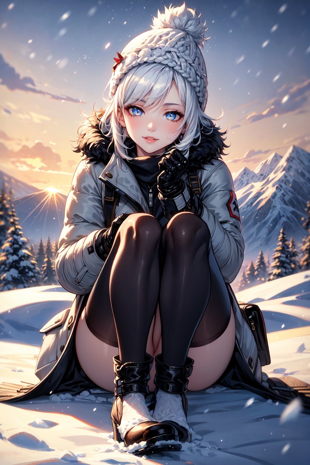 ((full body)), masterpiece,best quality,High definition, high resolution ,1girl, a 25yo woman in a ((full winter suit)), white hair, short hair, shy smile. calm look, hair movement, snow particles, sunset, mountain, snow, winter gloves,1 girl, winter hat, detailed eyes, detailed face, detailed lips, down on  knees
