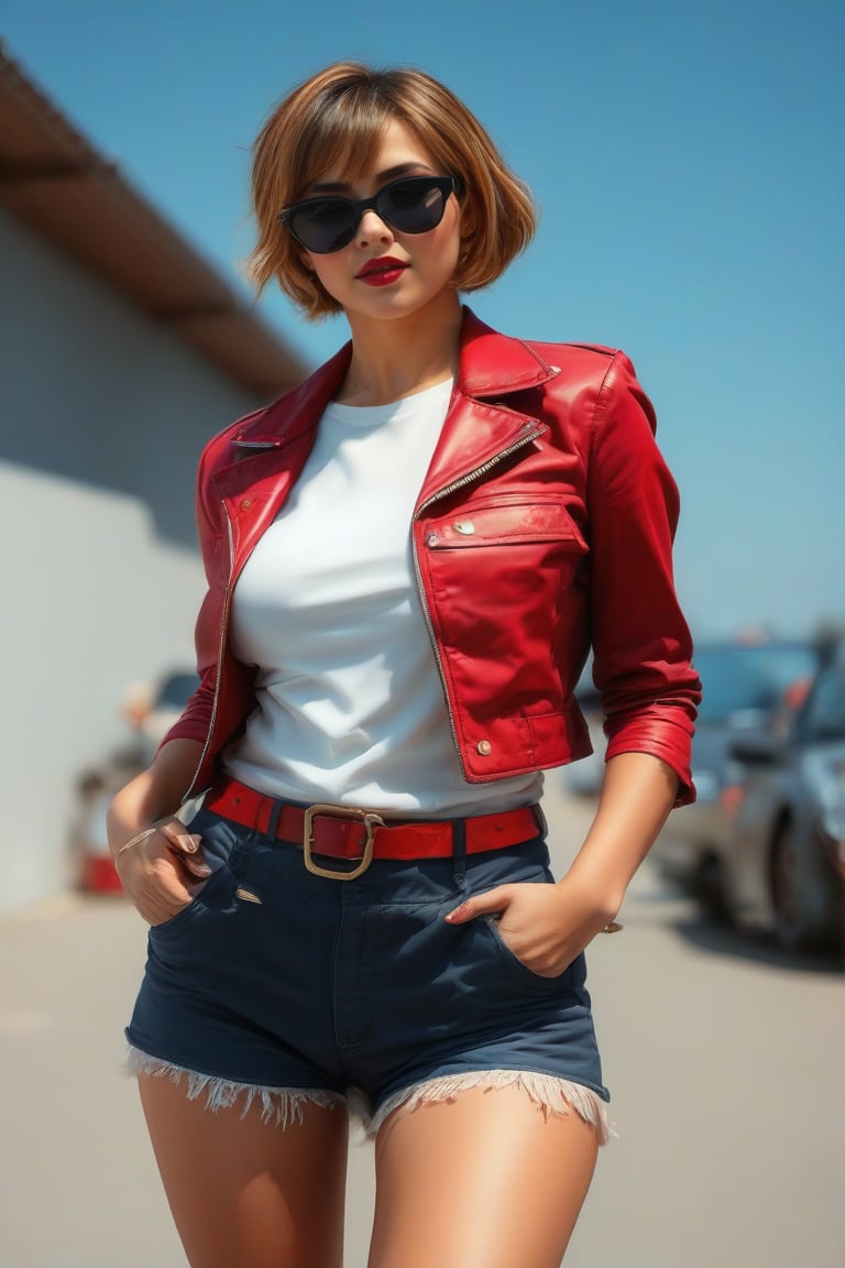 a biker woman, ((model body:1.5)), sunglasses, ((seductive face:1.3)), short pants, red jacket, short hair, outdoors, juicy lips, white shirt, ((closed_mouth:1.4)), looking away, big breats, wide waist, slim hip, juicy lips