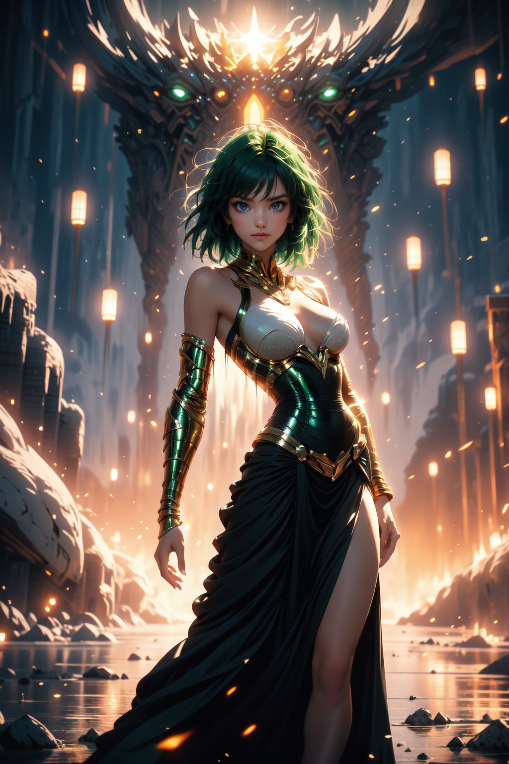 ((medium full shot:1.5)),
(Alone:1.5), (Solo:1.5),  realistic, masterpiece,best quality,High definition, (realistic lighting, sharp focus), high resolution,volumetric light, outdoors, a portait of a 28 years old woman, ((large_breast:1.3)),  ((green hair:1.3)), Short hair,fubuki, ((looking away:1.3)),  ((smile)), thin waist, wide hips, hair movement, , shiny skin, volumetric light, Sun Raytracing, midjourney, one piece dress, green dress, large skirt, tanding in a surreal Art-Deco-inspired landscape, ((mesmerizing)) shell at her feet, dynamic composition, rule of thirds, ((twilight)) ambiance, dune stretching into the horizon, (ultra-detailed),, best quality, high resolution, atmospheric, ((sublime))