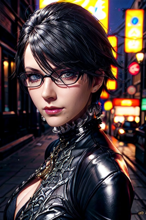 ((movie lighting)), super detailed, dramatic lighting, intricate detail,
1girl, 35 years old, bayonetta_2_shorthair_aiwaifu,Detailedface, big breasts, cleavage, black hair, beautiful face, very long shiny brown hair,  glasses,  detailed face, detailed eyes, looking_at_viewer, ,glass, street night background, defiant look
