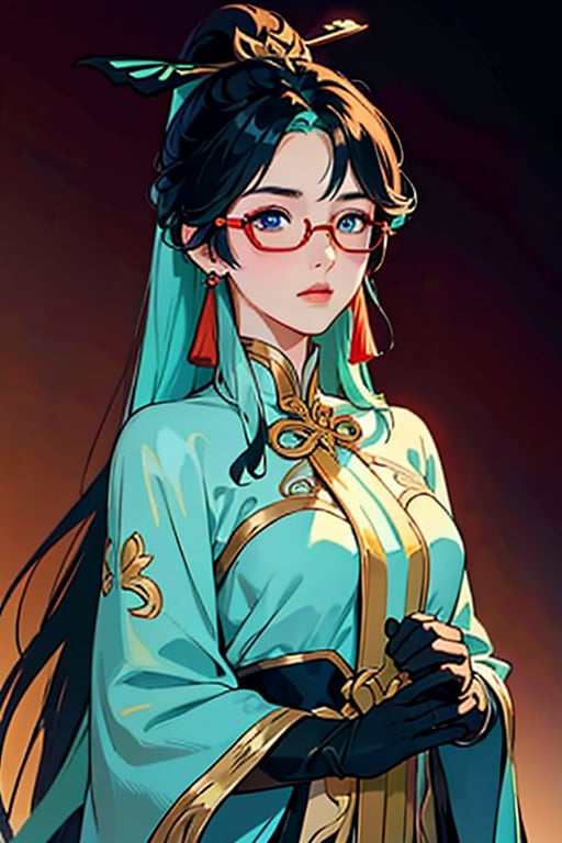 (masterpiece:1.2, best quality),(colored background) (finely detailed beautiful eyes: 1.2),guweiz style,details, (extremely detailed CG unity 8k wallpaper, masterpiece, best quality, ultra-detailed, best shadow), (detailed background), (beautiful detailed face, beautiful detailed eyes), High contrast, (best illumination, an extremely delicate and beautiful),1girl, dynamic angle,beautiful detailed,midjourney, ,EpicArt,guweiz style, (Hands:1.1), ,better_hands, stunning beautiful, xianyun, very long hair, ponytail, hair ornament, semi-rimless eyewear, earrings,black bodysuit, elbow gloves,