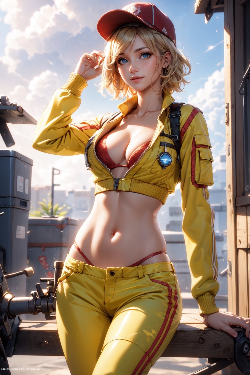 medium full shot, realistic, masterpiece,best quality,High definition, high resolution, BREAK,a 35yo woman in a yellow mechanic suit,  shiny skin, looking at viewer, wide hips, thin waist, Blonde hair, hair movement, hair beetween eyes, blue eyes, cloudy sky, Dynamic pose,volumetric light, BREAK, shy smile,   short hair, light fog,cindy aurum, mechanical workshop, red hat, orange bra, oil stains on clothes, closed shirt, yellow mechanical pants

