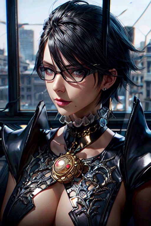 ((movie lighting)), super detailed, dramatic lighting, intricate detail,
1girl, 35 years old, bayonetta_2_shorthair_aiwaifu,Detailedface, big breasts, cleavage, black hair, beautiful face, very long shiny brown hair,  glasses,  detailed face, detailed eyes, looking_at_viewer, glass, ruined city background, defiant look
