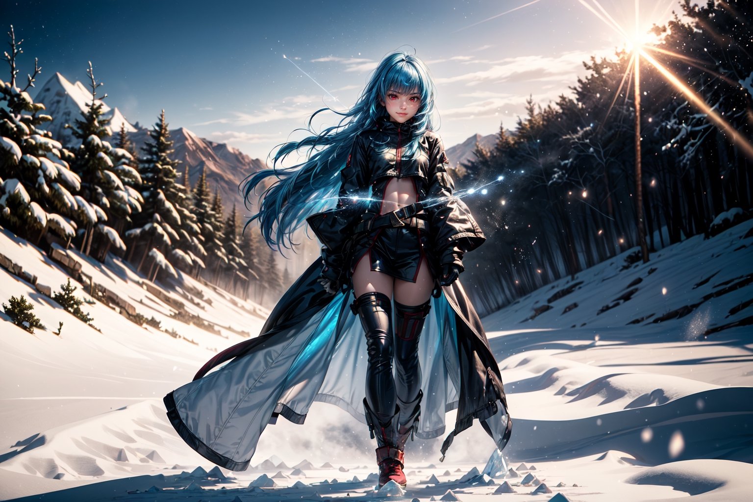 ((Alone:1.4)), ((Solo:1.4)), ((MEDIUM FULL SHOT:1.5)),realistic, masterpiece,best quality,High definition, (realistic lighting, sharp focus), high resolution,volumetric light, outdoors, dynamic pose, ,KOFKulaD, long hair, blue hair, red eyes, bangs, desert, noon, intense and shimmering sunlight, shy smile, Ice Particles, snow storm, focus face