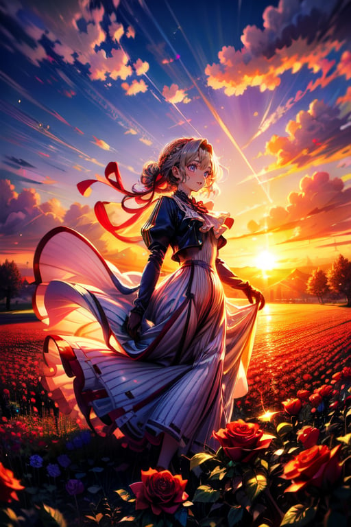 A 25 years old woman field of roses, in the sunset,violet evergarden, braid, hair ribbon,red ribbon, jewelry, white ascot, brooch,blue jacket, long sleeves, brown gloves,white dress, long dress, hair movement, 