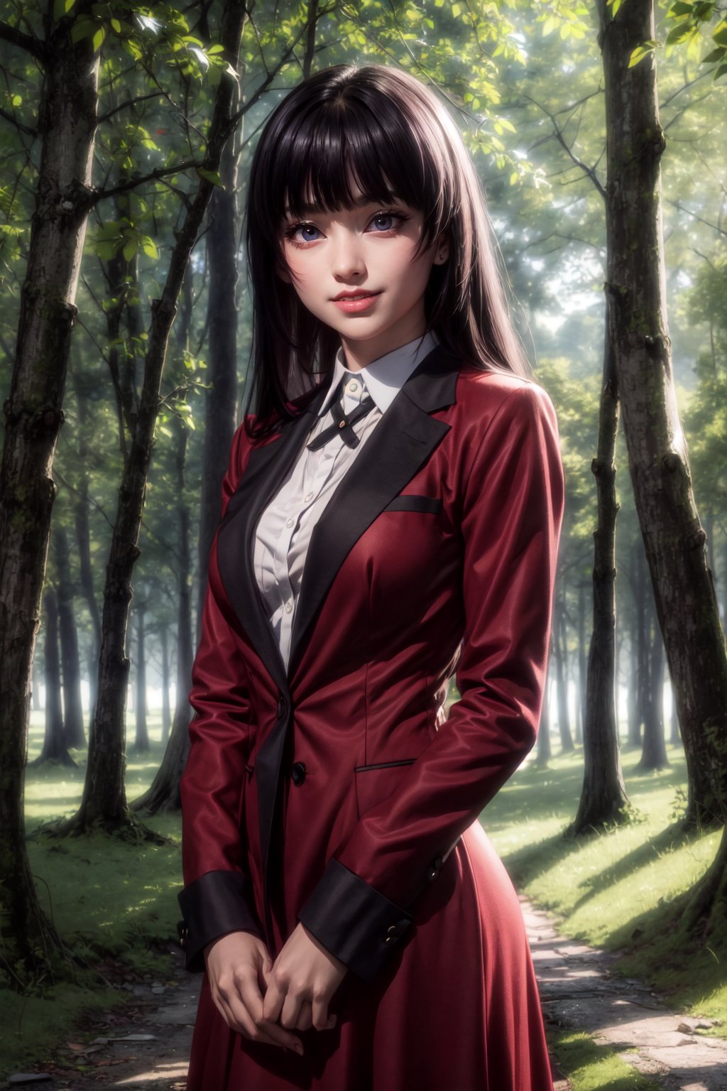 ((alone:1.5)). ((Solo:1.5)), ((MEDIUM FULL SHOT:1.5)),realistic, masterpiece,best quality,High definition, , high resolution,,A 25 years old woman, yumeko jabami, blazer, looking at viewer, smug, smile,pastelbg, outdoors, park, lake, trees, sun raytracing , long hair, brunette hair, red dress, hair movement, ((shy smile)), 