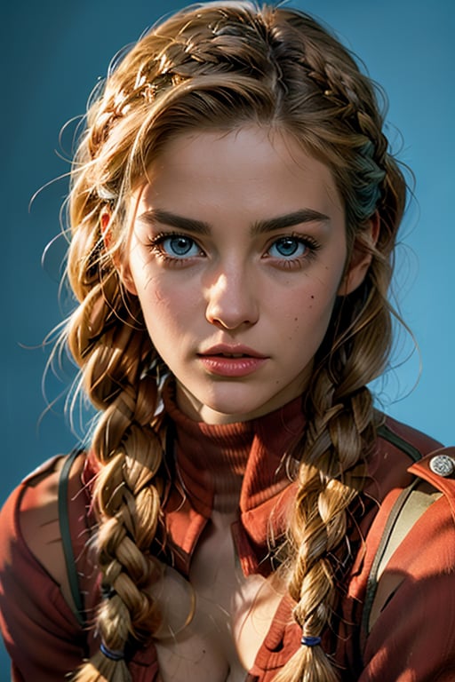 a woman, CAMMY, braided hair, long hair,  focus face, looking at viewer, gradient red and blue background