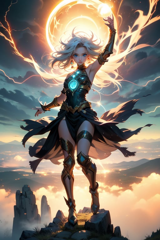 A mystical sorceress stands atop a misty mountain peak, her long silver hair whipping in the wind as she grasps a glowing Thunder Orb. The orb's electric blue light illuminates her piercing green eyes and radiates an aura of powerful magic. Framed by a dramatic rocky outcropping, the scene is bathed in a warm golden light, with dark stormy clouds gathering in the background. short hair, white hair, focus face