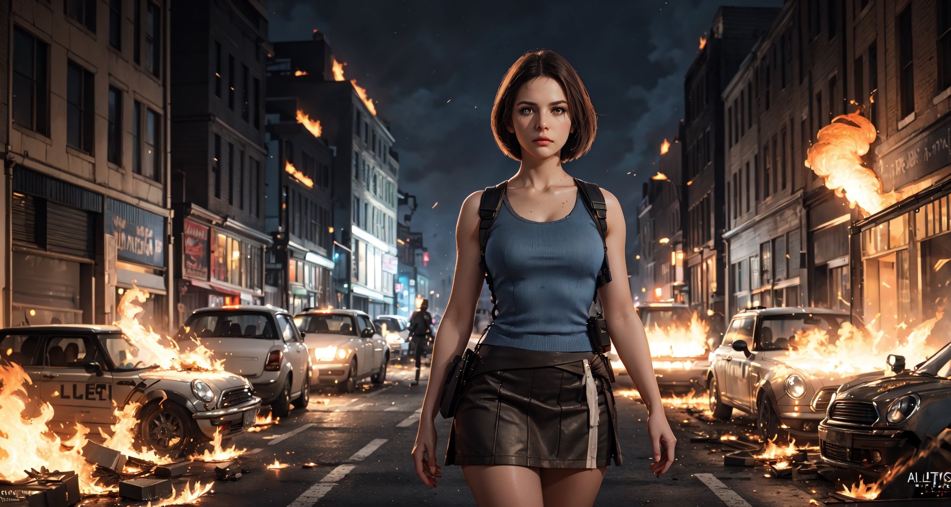 masterpiece, best quality,(extremely intricate), (realistic),Medium full shot, jill valentine, police_uniform, ((serious face)), outdoors, ((ruined city)), ((zombie hordes behind)), looking away, ,fantasy00d,jill valentine, atletic body, flames,volume,1 girl, mini skirt,jvre, volumetric light, dramatic flames,  (((looking at viewer))), ((dirty skin:1.2)), hip gun holder, mid night, clock tower behind
