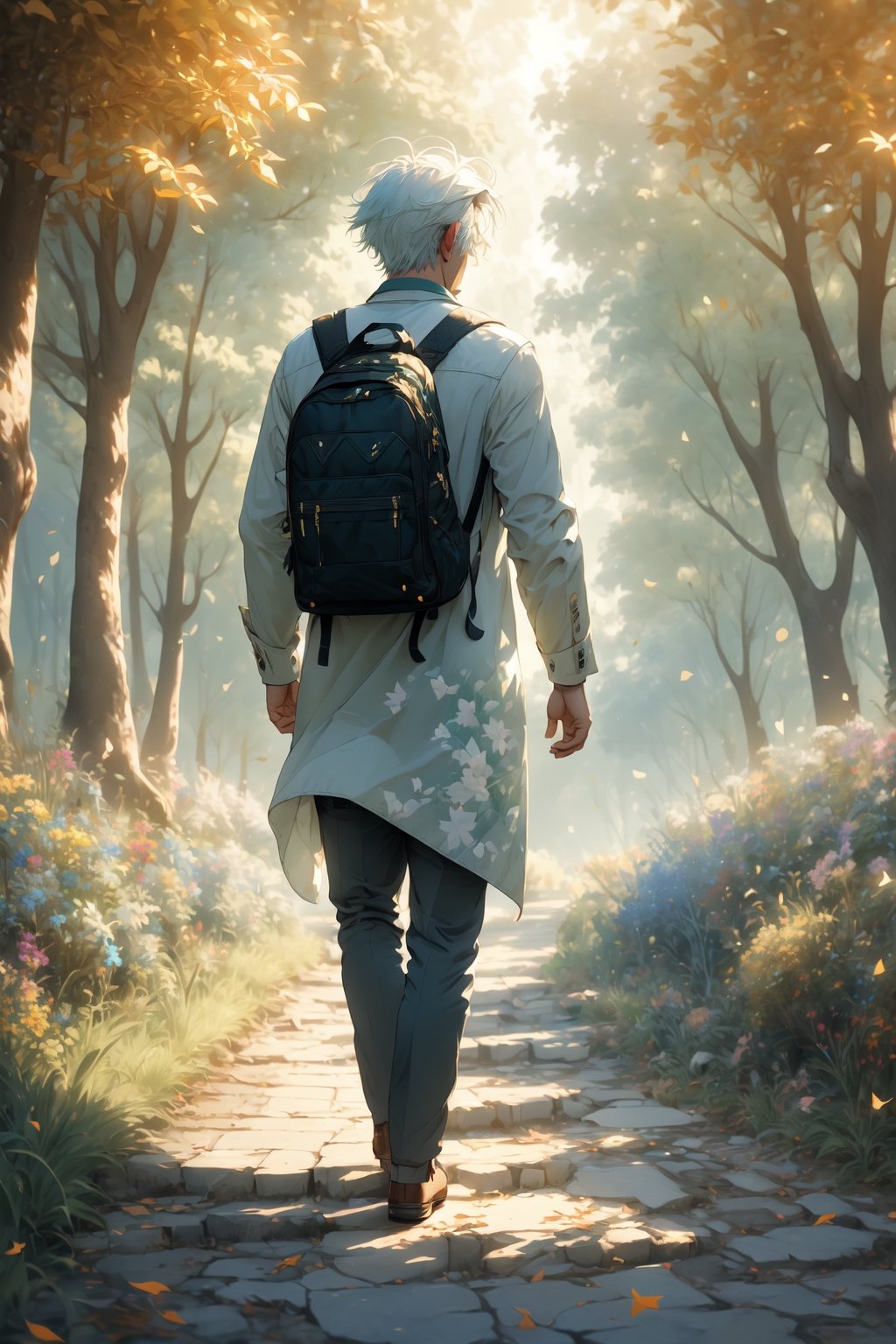  realistic, masterpiece,best quality,High definition, (realistic lighting, sharp focus), high resolution, volumetric light,, From behind, A man walking alone in a green valley, Light theme, White hair ,falling leaves, dim light, flowers, beauty day, cloudy sky, traveler backpack, tree leaves in the air

