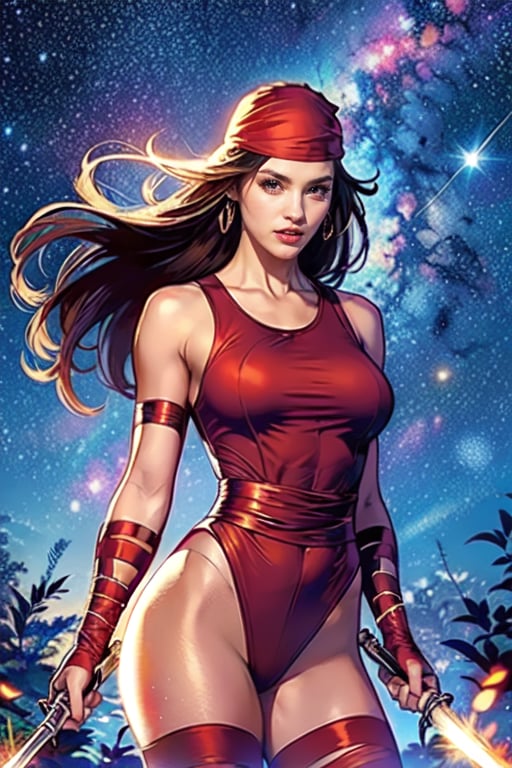 a 25 years old woman like a jennifer garner, 1girl, solo, black hair, breasts, weapon, bandana,  makeup, large breasts, jewelry, earrings, gloves, boots, ninja, red leotard, closed_mouth, focus face, outdoors, starry sky