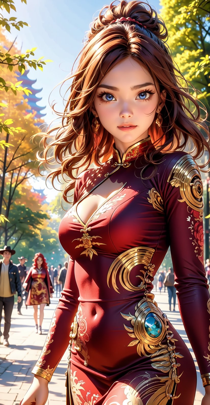 A 25 years old woman in the park, cowboy_shot, A sculptural woman with curly red hair walks through the park in a form-fitting Chinese dress. The warmth in her gaze complements her striking figure, perfectly framed by a beautiful, sunny day. smile, looking away, sun raytracing