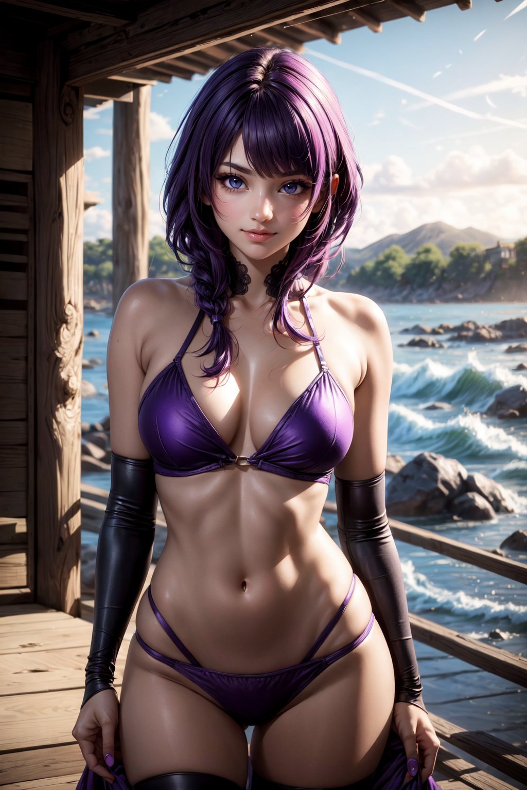 (alone:1.5)). ((Solo:1.5)), ((MEDIUM FULL SHOT:1.5)),realistic, masterpiece,best quality,High definition, (realistic lighting, sharp focus), volumetric light,high resolution, A 25 years old woman in the beach at the sunset, purple bikini, hourglass body,(( shy smile:1.3)), taned skin,  ((purple hair:1.3)), long braided hair, hair movement,raidenshogundef, sexy pose