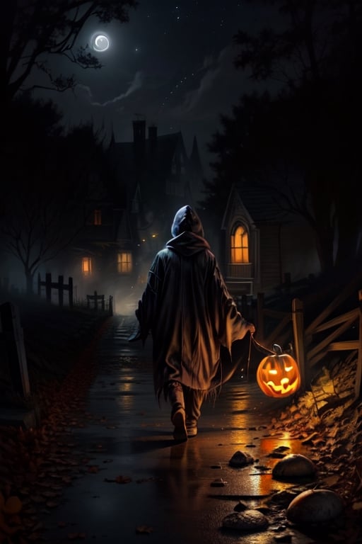 (((solo,:1.2,Alone:1.2))),1girl, ghost female, hide face, floating body,large breats, walking on cementery, light fog, night, halloween_2019, halloween pumpkins, starry_night, lights, 