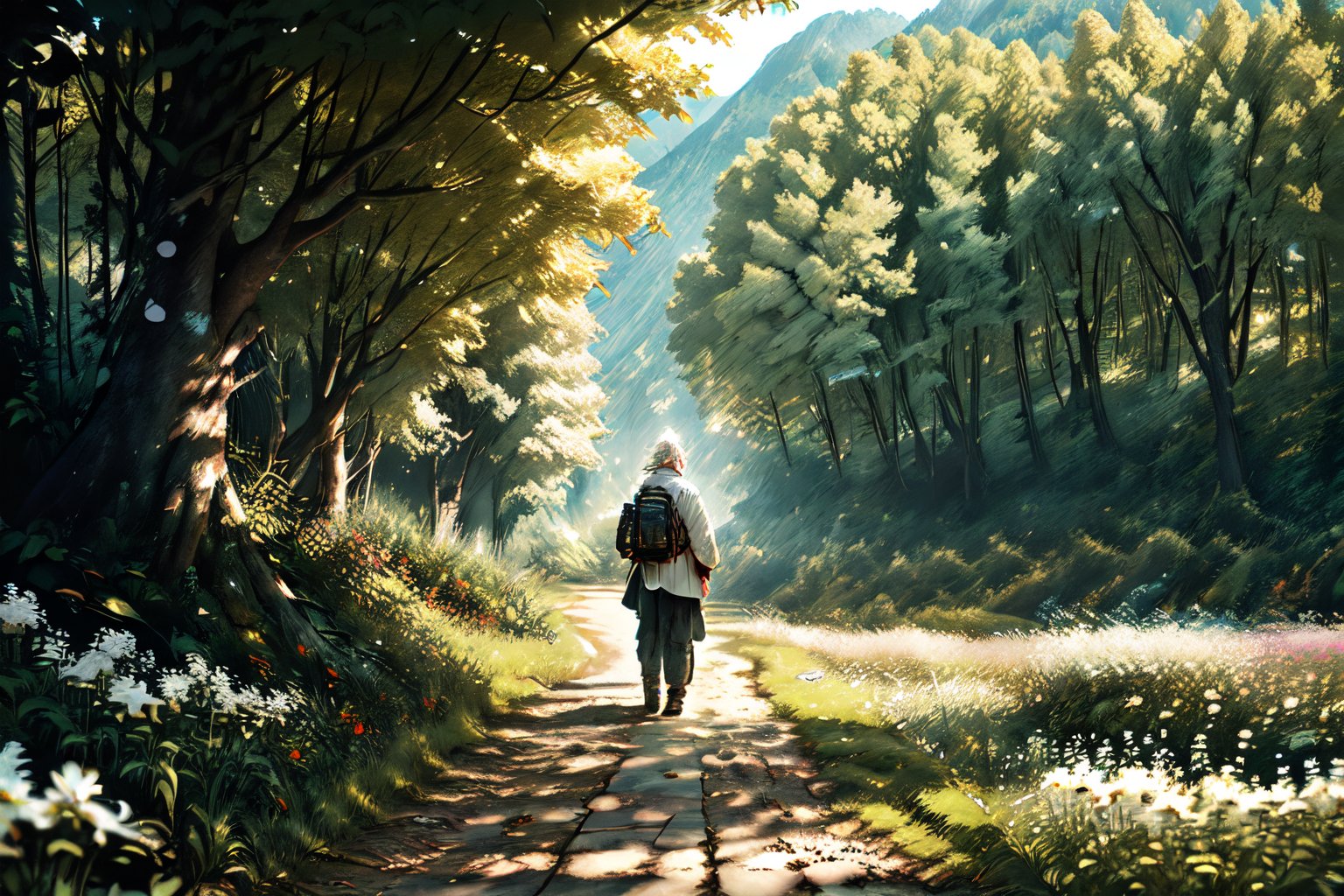  realistic, masterpiece,best quality,High definition, (realistic lighting, sharp focus), high resolution, volumetric light,, From behind, A man walking alone in a green valley, Light theme, White hair ,falling leaves, dim light, flowers, beauty day, cloudy sky, traveler backpack, tree leaves in the air

,fantasy00d