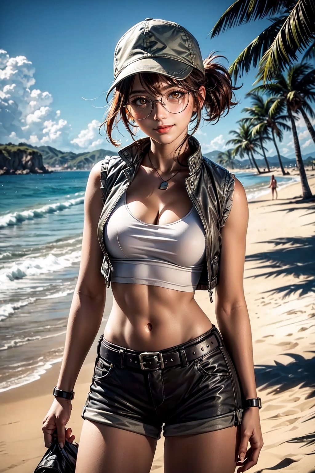 ((Alone:1.4)), ((Solo:1.4)), ((MEDIUM FULL SHOT:1.5)),realistic, masterpiece,best quality,High definition, (realistic lighting, sharp focus), high resolution, volumetric light, outdoors, dynamic pose, ,KOFKulaD, ((a 25 years old woman in the beach)),((thin waist, wide hips)), ((Huge breats:1.2)) ,FioDef, hair between eyes,fiodef, orange hair, hat, baseball cap, crop top, shorts, midriff, vest, navel, belt, short shorts, tank top, cleavage, brown shorts, looking away, ((shy smile)), light ray tracing