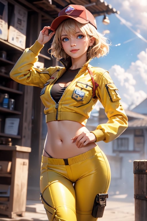 medium full shot, realistic, masterpiece,best quality,High definition, high resolution, BREAK,a 35yo woman in a yellow mechanic suit,  shiny skin, looking at viewer, wide hips, thin waist, Blonde hair, hair movement, hair beetween eyes, blue eyes, cloudy sky, Dynamic pose,volumetric light, BREAK, shy smile,   short hair, light fog,cindy aurum, mechanical workshop, red hat
