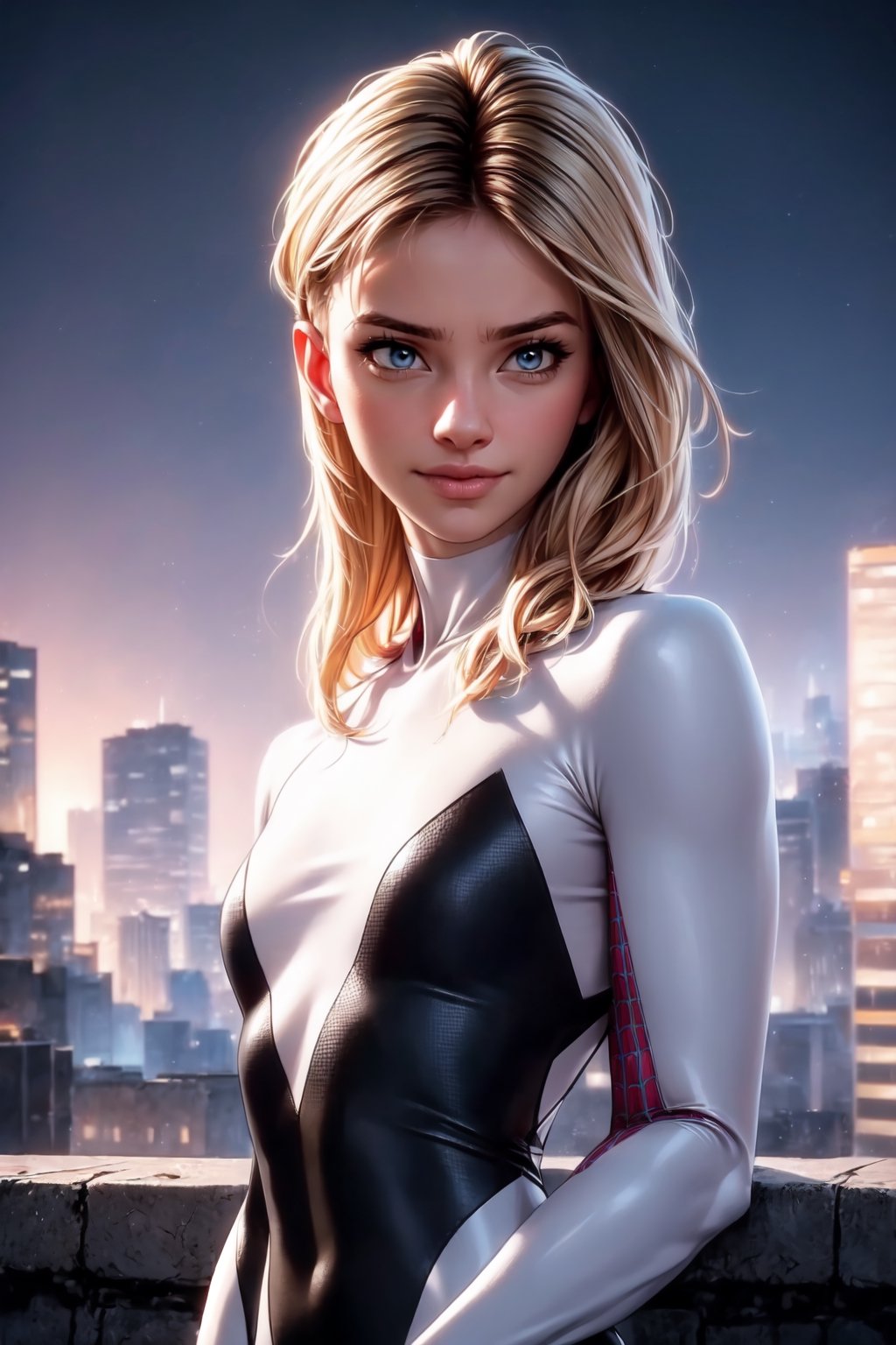 (Alone:1.5), (Solo:1.5), ((Medium full shot:1.5)), realistic, masterpiece,best quality,High definition, (realistic lighting, sharp focus), high resolution,volumetric light, outdoors, dynamic pose, BREAK, a 25 years old woman
on top of a building during a starry night, spidergirl, hair movement, blond_hair, blue_eyes, focus face,  looking away, Smile,gwen, city light, medium breats,