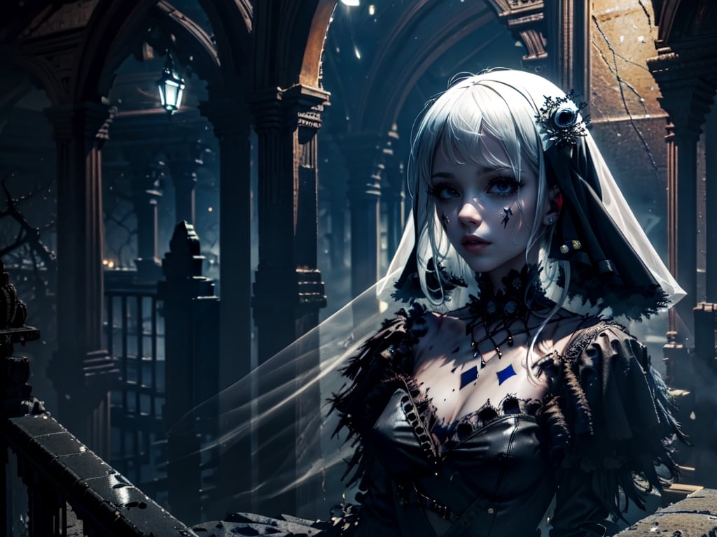 (((alone:1.2,solo:1.2))),(masterpiece),A 30 years old girl, scary girl,  white hair, dark theme, large hair, lost face, white eyes,   absurdres, (absurdly detailed:1.2), floating hair, one piece dress, black dress, (((fractal skin))) , ((medium full shot:1.2)), (((black veil))),gothic city, pale skin,. looking away, ,horror, light fog, starry_night