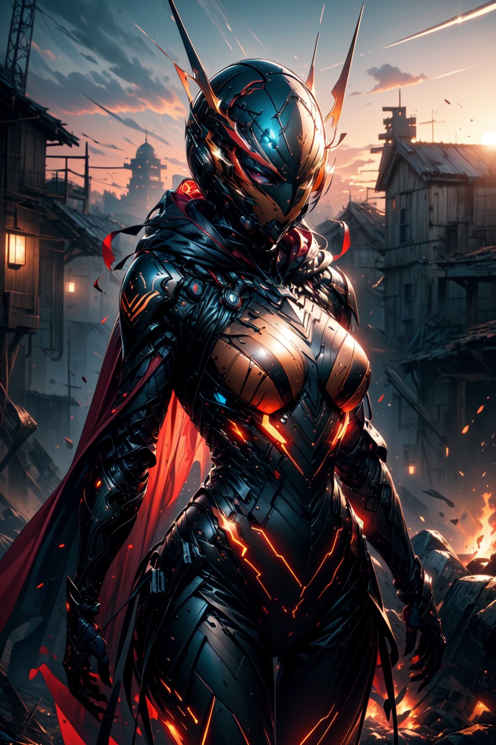  (((alone:1.2))), (((solo:1.2)),masterpiece,best quality,High definition, high resolution, a  25 years old woman in pilot suit, ornament detail pilot suit, sunset behint,, helmet pilot suit, outdors, metal claws, red cape