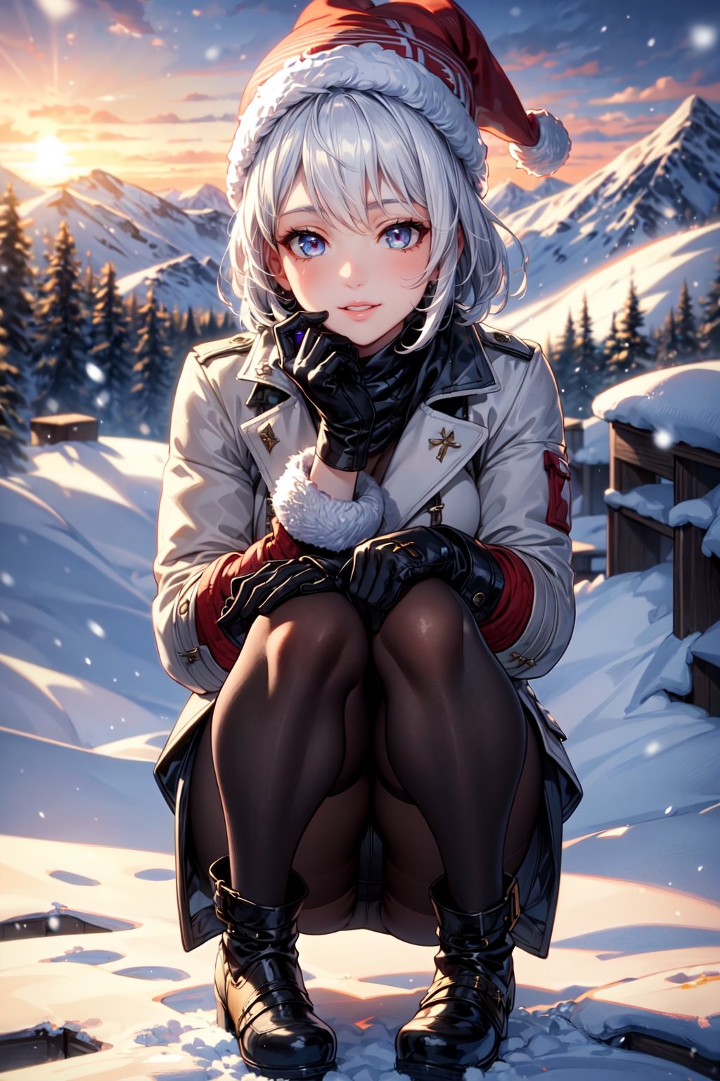 ((full body)), masterpiece,best quality,High definition, high resolution ,1girl, a 25yo woman in a ((full winter suit)), white hair, short hair, shy smile. calm look, hair movement, snow particles, sunset, mountain, snow, winter gloves,1 girl, winter hat, detailed eyes, detailed face, detailed lips, down on  knees
