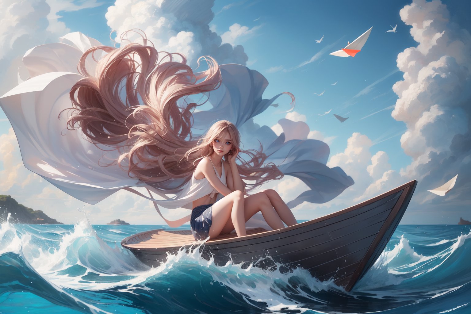 Imagine a brave woman with a determined look, sitting on a giant-sized paper boat. The waves of the sea gently rock her as she looks toward the horizon, searching for her next destination. The paper boat, although it seems fragile, is strong and withstands the waters of the vast ocean.