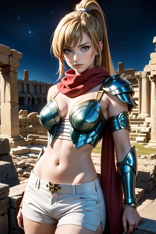 masterpiece, best quality, high quality details, 1girl, solo, armor, long hair, blonder hair, ponytail, green eyes, red scarf, belly button, bandages, white shorts,choker, bracelet, greek ruins, looking at viewer, starry sky, breats, hair movement soft smile