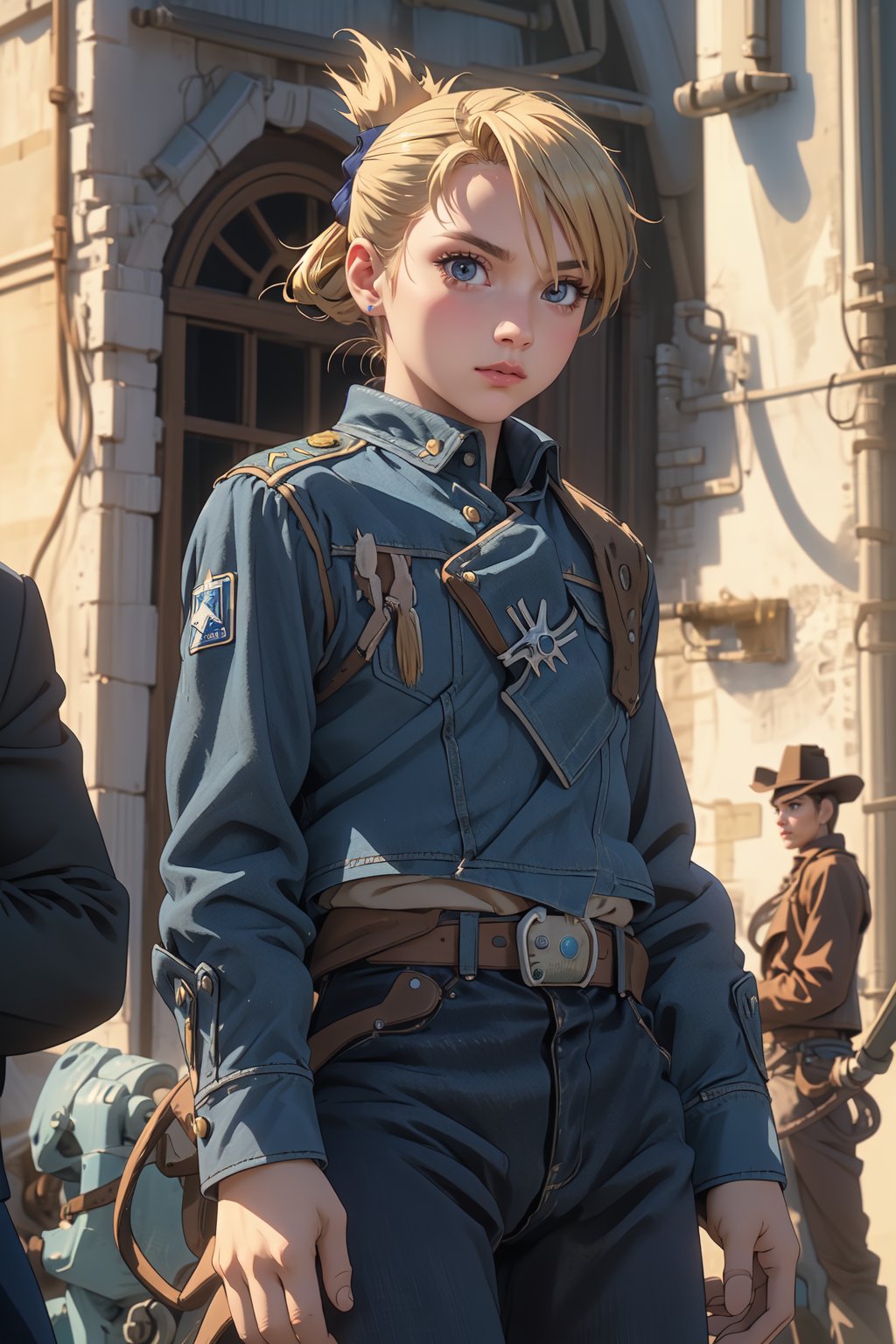 (Alone:1.5), (Solo:1.5), ((Cowboy shot:1.5)), realistic, masterpiece,best quality,High definition, (realistic lighting, sharp focus), high resolution,volumetric light, outdoors, dynamic pose, RH, a 25 years old woman, pony_tail, folded ponytail, military uniform, ((medium breats:1.4)), focus face, looking away, hair movement,