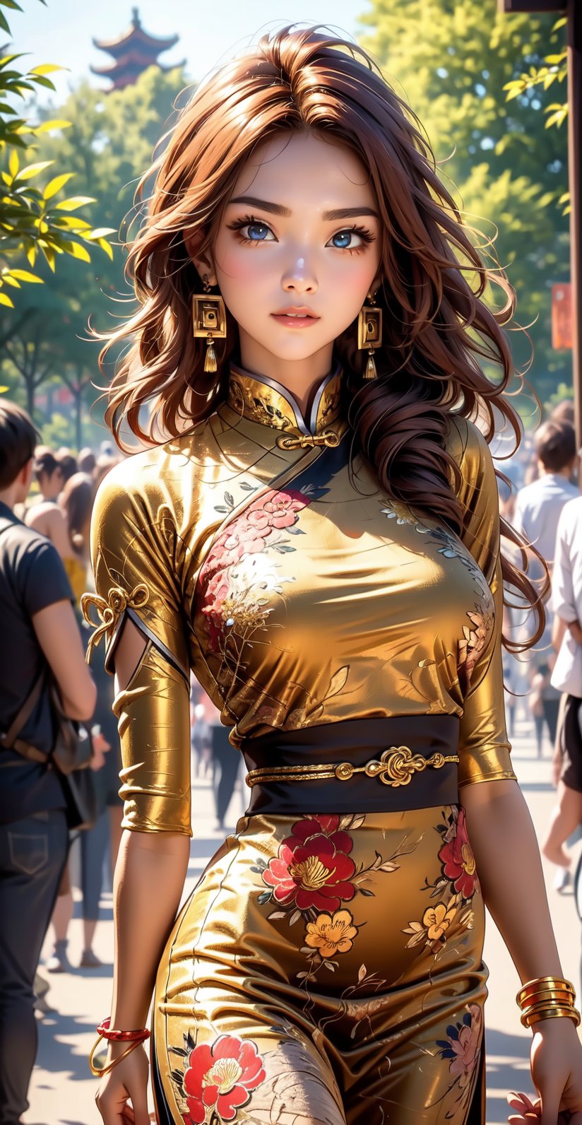 A 25 years old woman in the park, cowboy_shot, A sculptural woman with curly red hair walks through the park in a form-fitting Chinese dress adorned with intricate floral patterns and delicate embroidery. She wears traditional Chinese jewelry, including jade earrings and a golden bracelet, which glimmer in the sunlight. Her sweet smile and warm gaze complement her striking figure. The sun casts a gentle, golden light, creating a perfect composition that captures the essence of the moment, worthy of a prize-winning photograph
