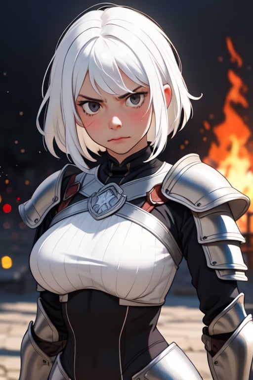 pose,  (detailed face), | solo, cold eyes, serious, knight woman, white hair color, light Black eyes, (dark Wizard tight armor), symetrical and detailed armor, | fantasy town in flames, medieval, european street, | bokeh, depht of field, | hyperealistic shadows, smooth detailed, blurred background, fitness body, busty 
