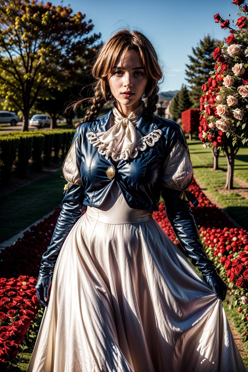 A 25 years old woman field of roses, ,violet evergarden, braid, hair ribbon,red ribbon, jewelry, white ascot, brooch,blue jacket, long sleeves, brown gloves,white dress, long dress, hair movement,  closed_mouth,Add more details,Enhance details