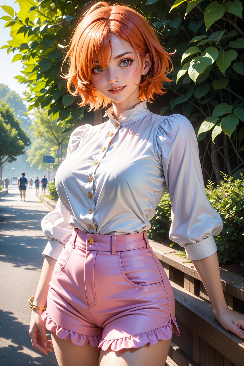 extremely detailed, (masterpiece, top quality, best quality), high resolution, absurd, 1 girl, alone, lilith vegapunk, orange hair, orange eyes, hair over one eye, smile, blouse with ruffles on the shoulders, white blouse, scalloped shorts, pink shorts, 1 girl, red eyeshadow, blue eye makeup,outdoors