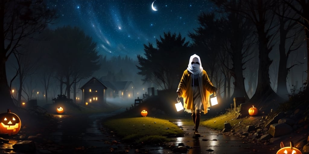 (((solo,:1.2,Alone:1.2))),1girl, ghost female, hide face, floating body,large breats, walking on cementery, light fog, night, halloween_2019, halloween pumpkins, starry_night, lights, night, faint glow on the body 