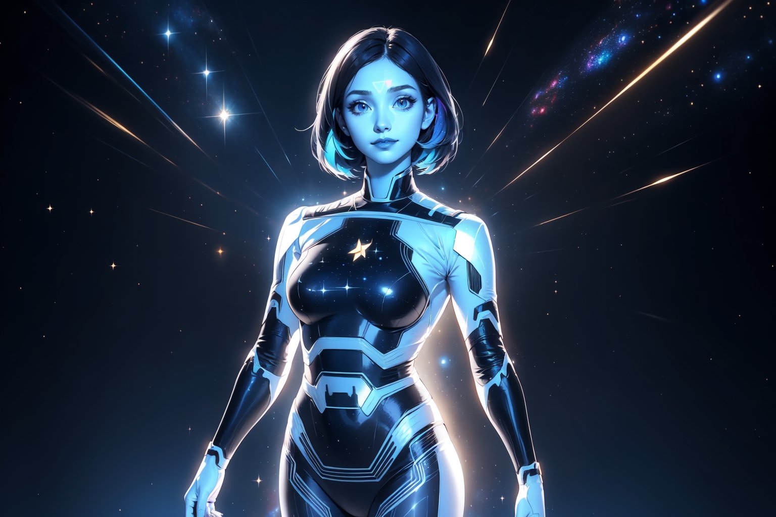 Alone:1.2, Solo:1.2, ((Medium full shot:1.3)), realistic, masterpiece,best quality,High definition, (realistic lighting, sharp focus), high resolution,volumetric light, outdoors, dynamic pose, BREAK, a 25 years old girl in the spaceship, focus face ,thewpn, ((blue skin:1.5)), blue bodysuit, medium breasts, cowboy shot, black background, science fiction, gradient background, looking at viewer, ((hologram body:1.5)) ,More Detail, Blue Hair, looking away, volumetric ligt, shy smile, ((Starry galaxy behind:1.3)), Dynamic Pose, huge body