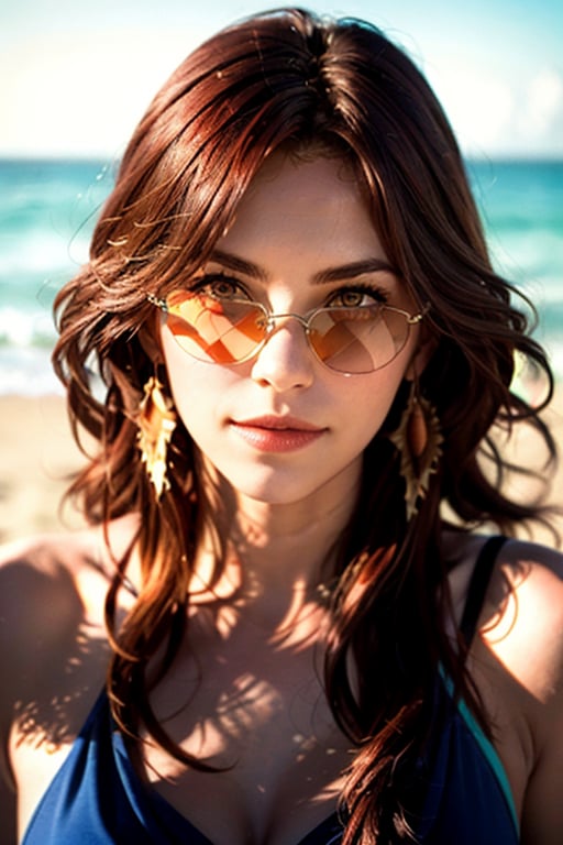 ,realistic, masterpiece,best quality,High definition, (realistic lighting, sharp focus), high resolution, ((volumetric light)),,Masterpiece, a woman in the beach, posing at viewer, large breats, in the beach, red hair, large hair, sitting on the sand, soft smile, sun glasses, hair movement