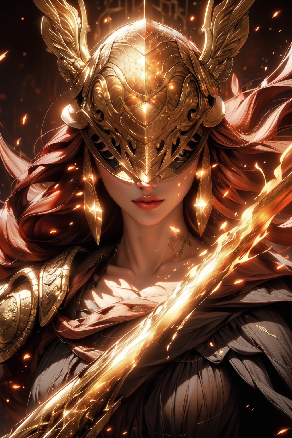 ((medium full shot:1.5)), (masterpiece, best quality:1.1),fantasy, intricate, illustration ,soft lighting, specular lighting, extremely detailed, hyper detailed, realistic, perfect face, ,sharp focus, (4k), 1girl, malenia blade of miquella, castle background, ((covered eyes)),((winged helmet)), (golden particles effect:1.4),(red flames of rot:1.2),midjourney, close, red hair, freckles helmet