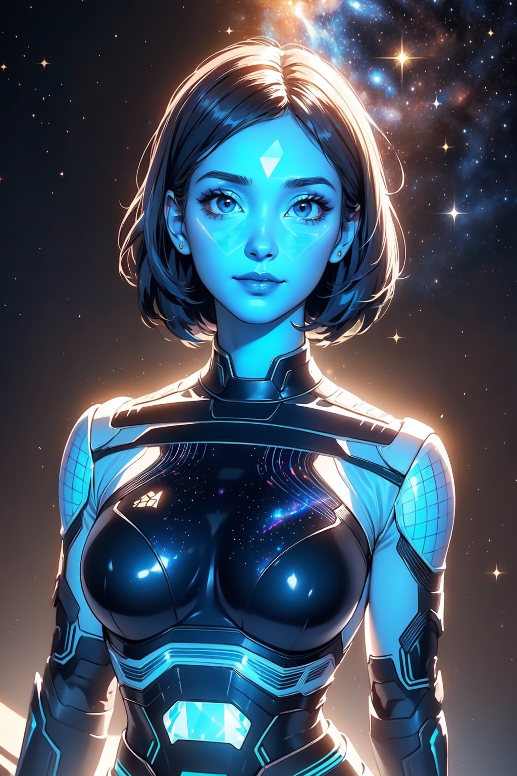 Alone:1.2, Solo:1.2, ((Medium full shot:1.3)), realistic, masterpiece,best quality,High definition, (realistic lighting, sharp focus), high resolution,volumetric light, outdoors, dynamic pose, BREAK, a 25 years old girl in the spaceship, focus face ,thewpn, ((blue skin:1.5)), blue bodysuit, medium breasts, cowboy shot, black background, science fiction, gradient background, looking at viewer, ((hologram body:1.5)) ,More Detail, Blue Hair, looking away, volumetric ligt, shy smile, ((Starry galaxy behind:1.3)), Dynamic Pose, huge body