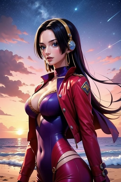 extremely detailed, (masterpiece, top quality, best quality), high resolution, absurd, 1 girl, alone, bandage, (detail light), soft smile, cowboy shot, outdoors, smile, looking at viewer, beach, outdoors, starry sky, red lips, purple jacket, pink bodysuit, headphone, dynamic pose, 