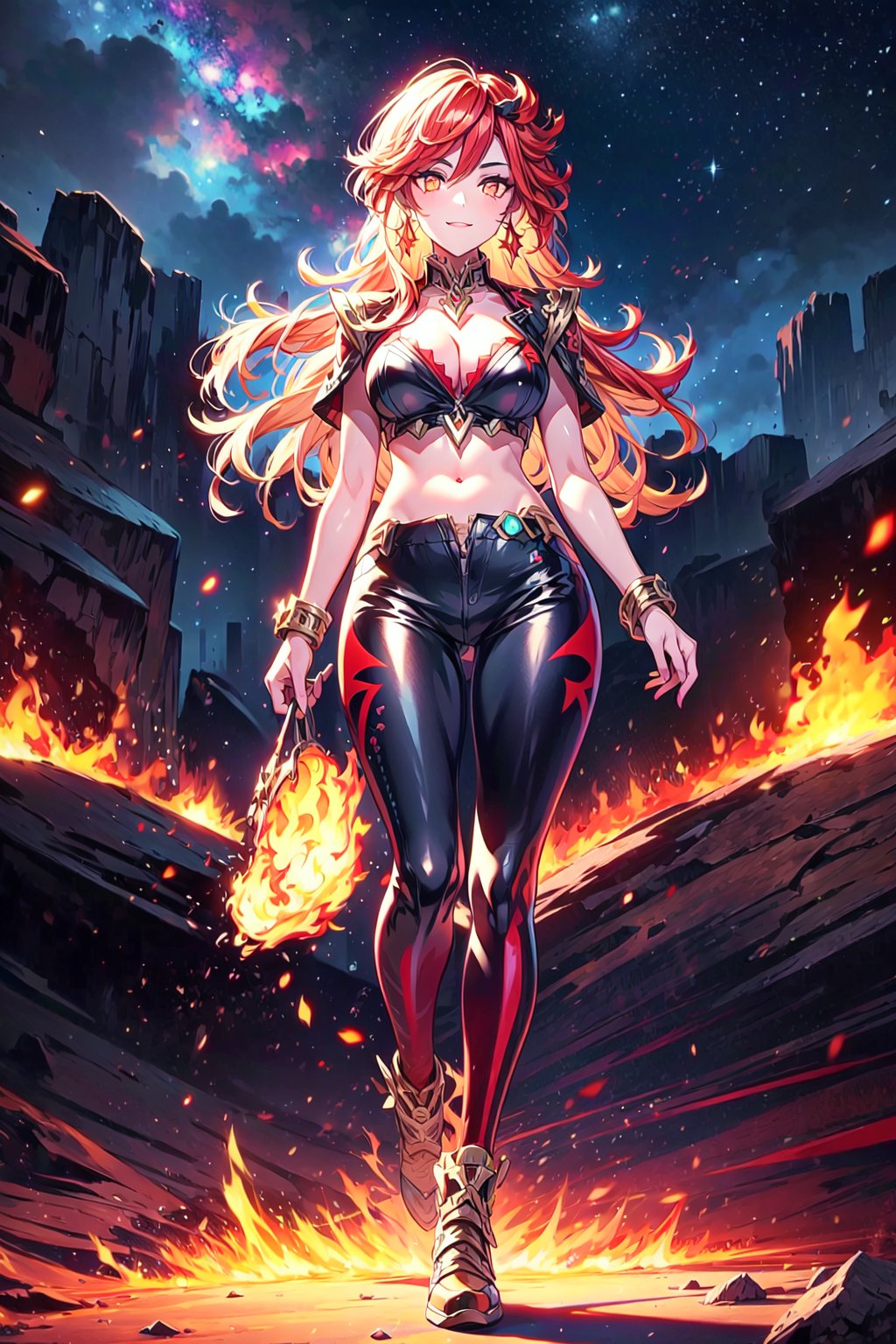 ((full body1.5)), from bellow,  a 30 years old woman, red hair, flames in the hair, ((soft smile:1.3)), glowing eyes, fire particles, desert behind, starry sky,  jewelry, earrings, solo, long_hair, cleavage, single_earring,  multicolor_hair, symbol_shaped_pupils, full_body, eyewear_on_head, flames, pants