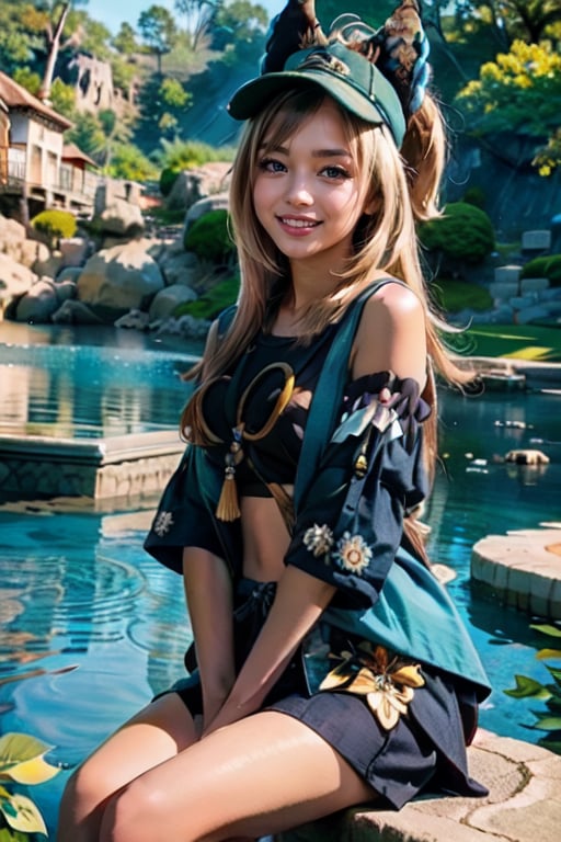 A young woman, 25 years old, with a shy demeanor, wearing a hat and sporting a striking double tail hairstyle. She sits confidently, her eyes gazing slightly downward, yet a subtle smile plays on her lips, hinting at a warm and inviting personality ((smile:1.3)). Her hair moves softly in the air, framing her features with gentle waves. The overall atmosphere is one of quiet contemplation, as if she's lost in thought despite her outward reserve.