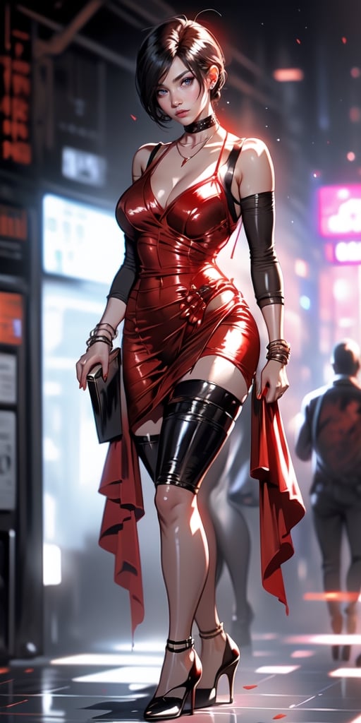 1girl, ada wong of resident evil, zombies walking around, elegant red dress, bare leg