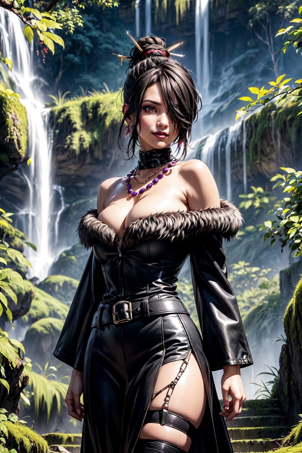 (Solo:1.4)), ((MEDIUM FULL SHOT:1.5)),realistic, masterpiece,best quality,High definition, (realistic lighting, sharp focus), high resolution, 
a 25  years old woman in the night in a park, ,luluffx, east asian architecture, waterfall, cowboy shot, side view,black hair, single hair bun, (hair over one eye, one eye covered:1.1), lipstick, makeup, perfect face, (red eye:1.1), detailed hair, purple necklace,off-shoulder dress, black dress, strapless, fur trim, (multiple belts:1.1), (thighhighs:1.2),curvy, large breasts, cleavage,full skirt, sky smile, waterfall, shy smile