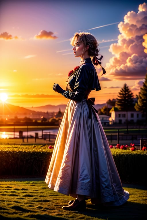 A 25 years old woman field of roses, in the sunset,violet evergarden, braid, hair ribbon,red ribbon, jewelry, white ascot, brooch,blue jacket, long sleeves, brown gloves,white dress, long dress, hair movement,  shy smile, looking away, closed_mouth