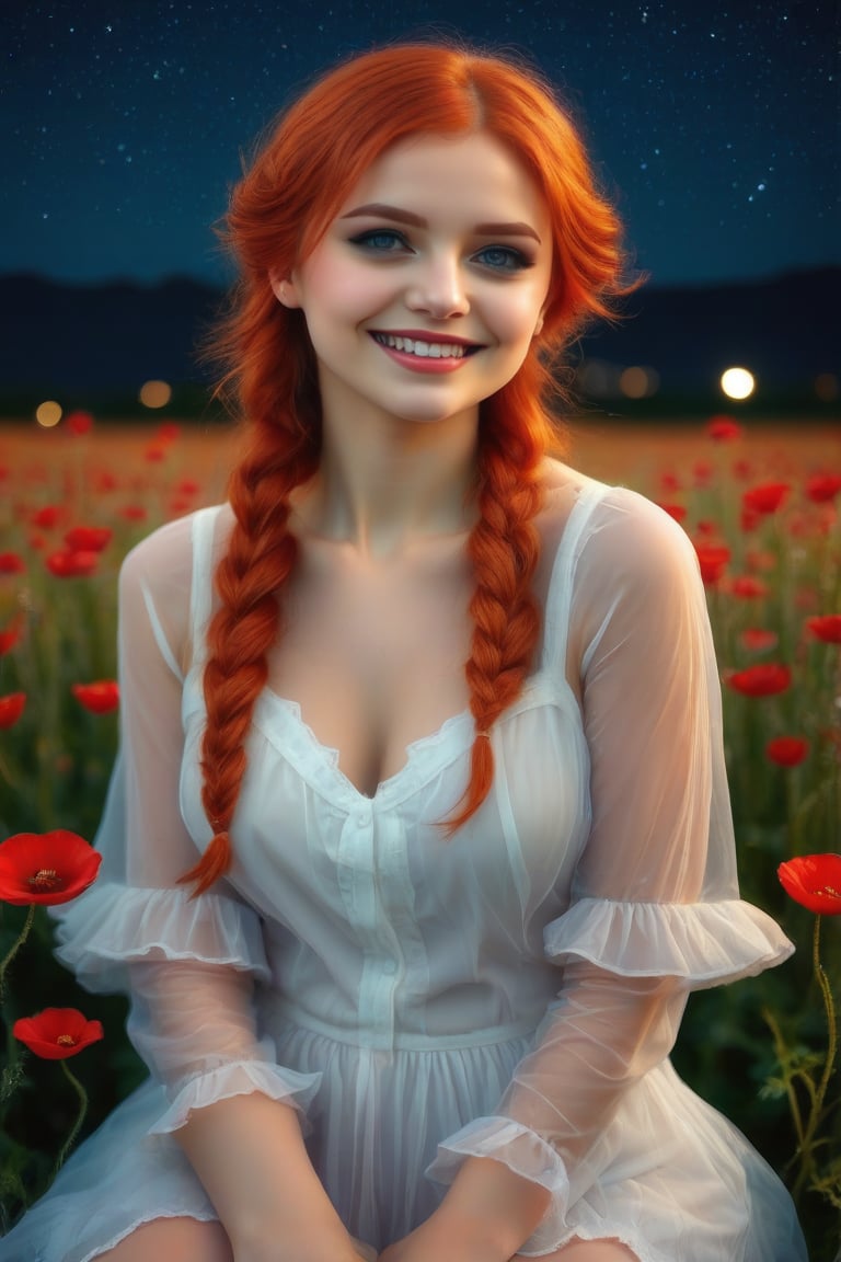 A woman sitting on a field poppy flowers in the night, starry sky, see-through white dress, red hair, looking up, smile, looking at viewer, braided hair, closed_mouth, front view