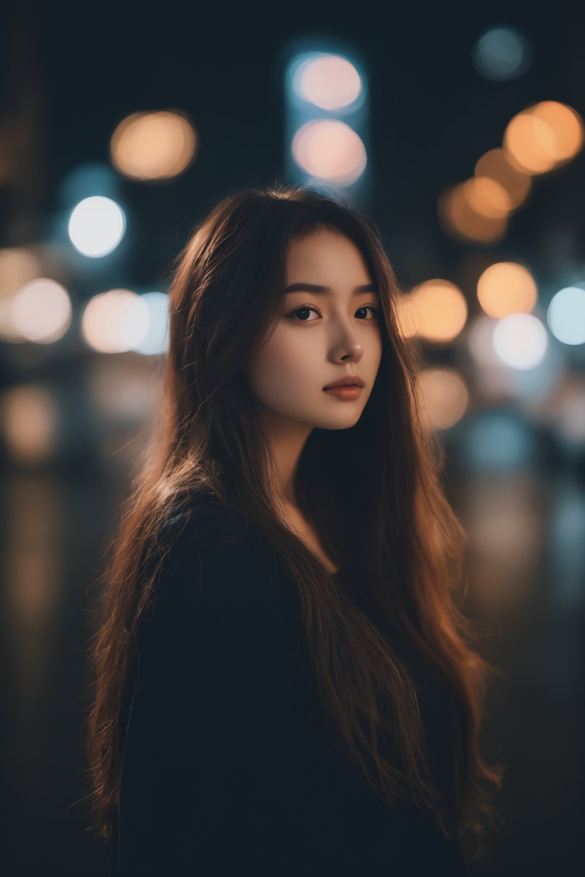  aesthetic portrait, 1girl,solo, long hair, bokeh, depth of field, cinematic, nighttime ,aesthetic portrait