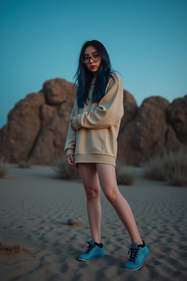 A young mix korean woman with a long, layered haircut and beige hoodie stands in a three-quarter view on sandy terrain, surrounded by rocky formations under a clear sky,
 now illuminated by a warm, low-key neon glow at night, as she gazes directly at the camera with an air of mystery, her left hand on her hip, wearing glasses, blue sneakers with textured soles, and a hint of blue highlights in her hair, evoking the moody, cinematic style of Wong Kar-wai, with a shallow depth of field, subtle film grain, and muted color grading, shot with a mix of cool and warm tones, and a slight vignette, as if captured on 35mm film, 